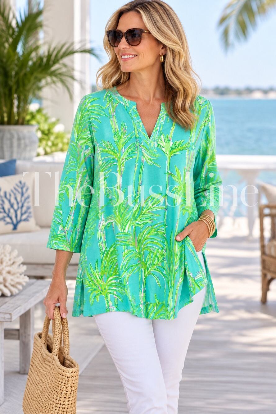 Lilly Pulitzer XL Essie Tunic Top Aqua Green Palm Print V Neck Long Sleeve